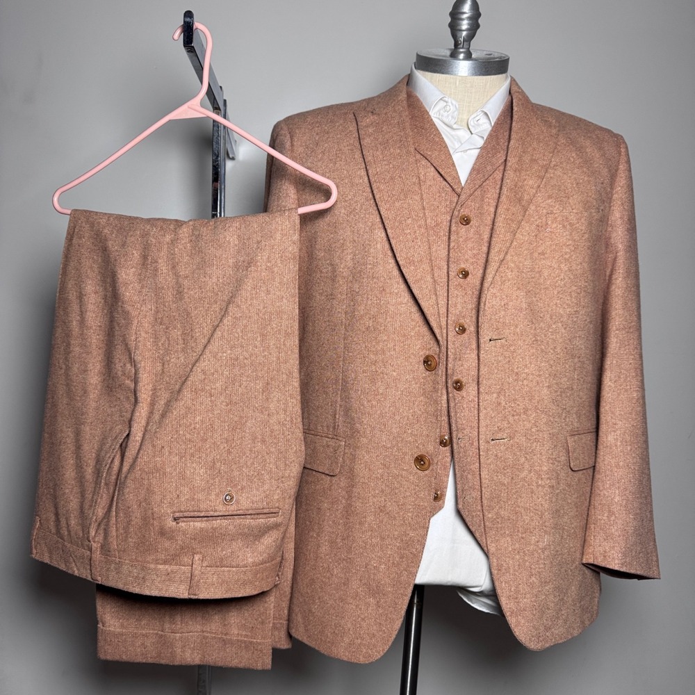 Kent & Park 3 Piece Suit Mens 46R 39W Brick Orange Solid Tweed Wool Blend Italy